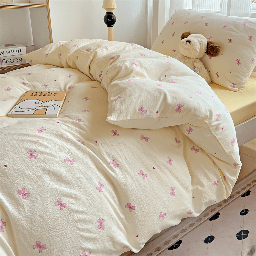 3 Pieces Bow Jacquard Duvet Cover Cartoon Pink Bowknot Pattern Comforter Cover Soft Breathable Cute Coquette Bedding,Full Size