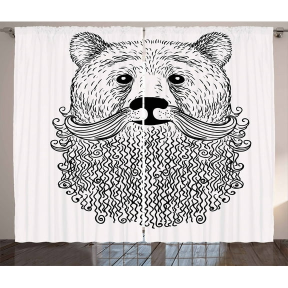 Ambesonne Indie Curtains 2 Panel Set, Doodle Bear with Beard, 108" x 63", Black White