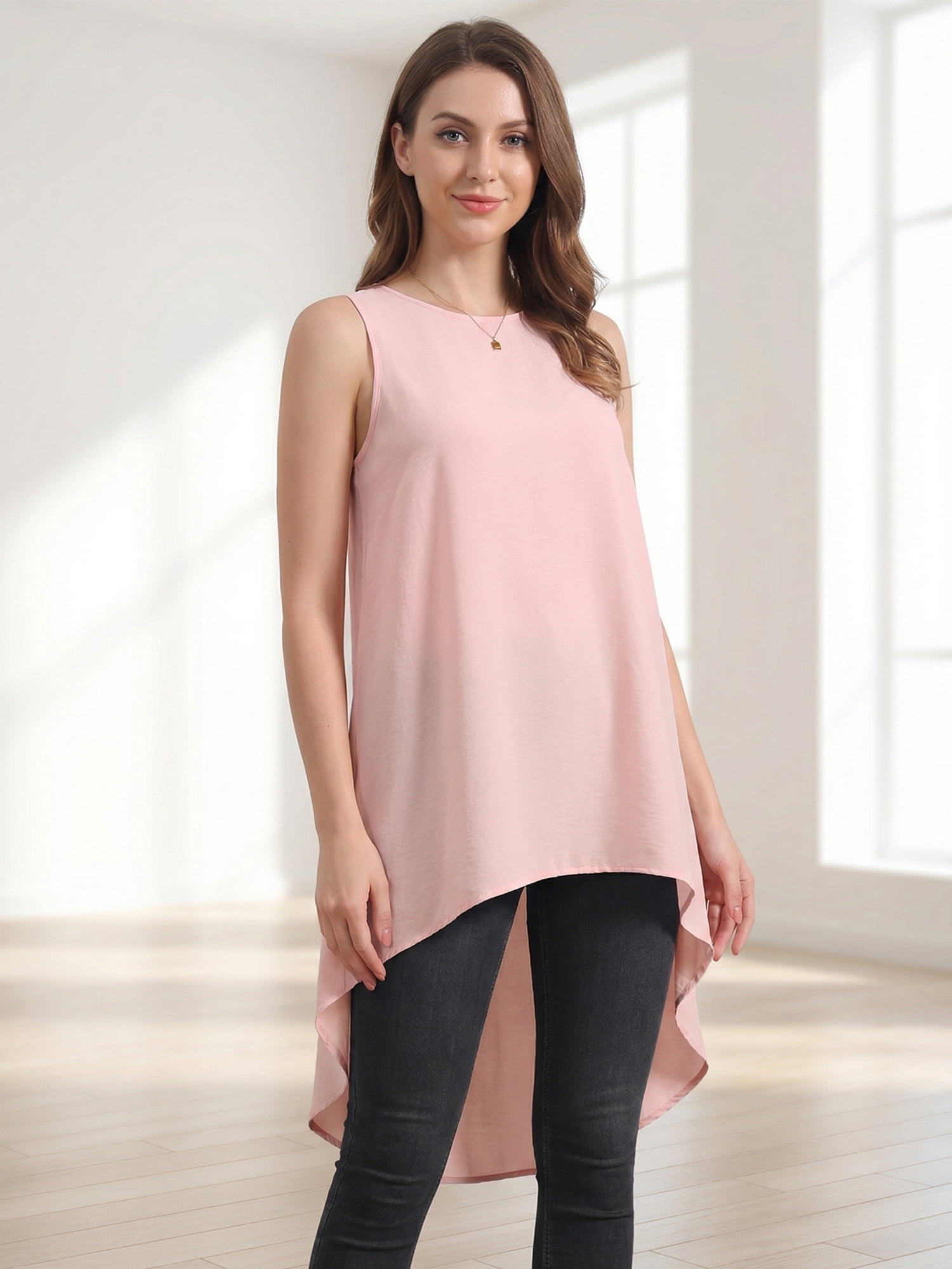DARING DIVA Women's High Low Sleeveless Crewneck Asymmetrical Blouse S Pink