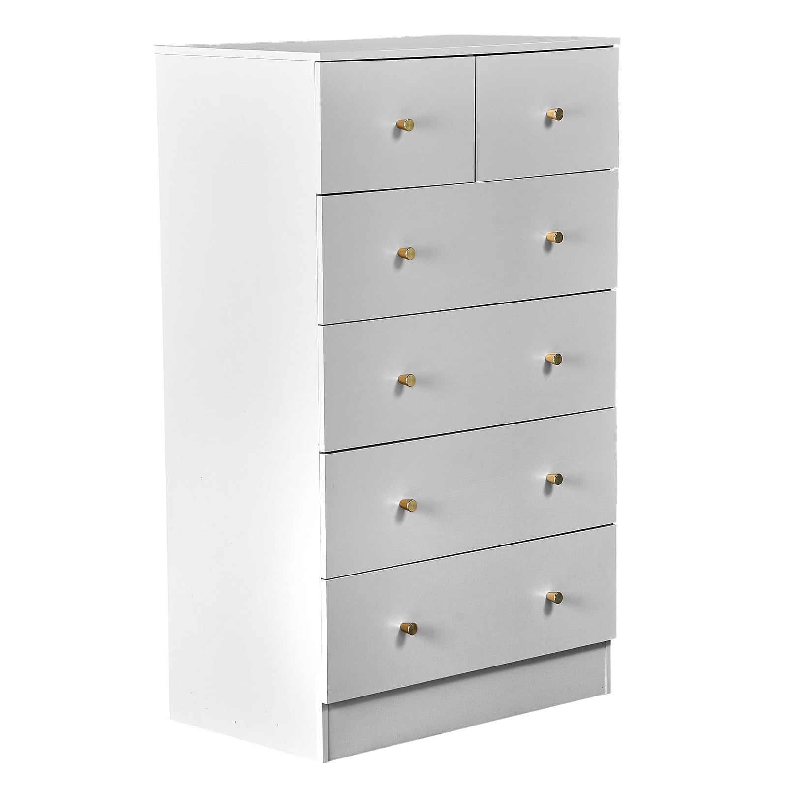 Macaroon 5 Drawer Cabinet, Matte Gold Handles Linen-Textured Particle Board Cabinet, Space-Saving Storage Organizer for Bedroom Home Office Living Area