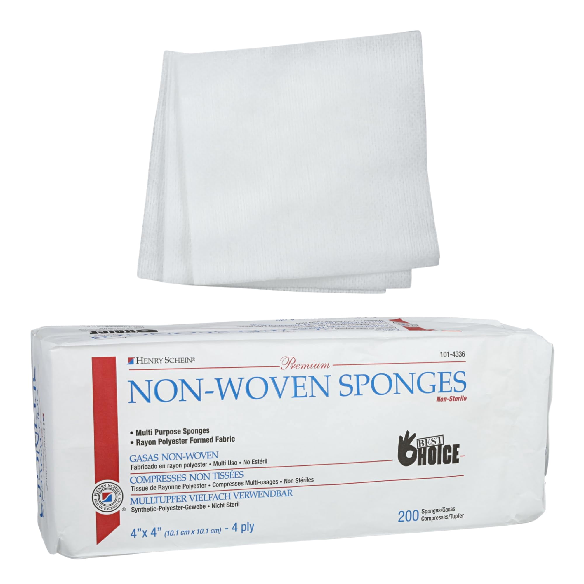 Henry Schein Premium Gauze, Rayon/Polyester Blend Non-Woven Sponges, 4 in x 4 in 4 Ply Non-Sterile, 4-Ply, 200/Pack - 10 Packs - Total 2000 counts