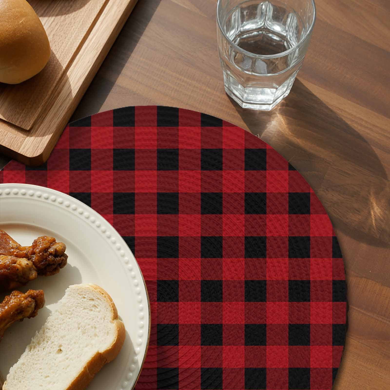 Round Placemats Set of 4 Christmas Buffalo Plaid Place Mats Washable Woven Placemat Red and Black Checkered Circle Braided Table Mat for Kitchen Dining Table Party Home Decor 15 Inch