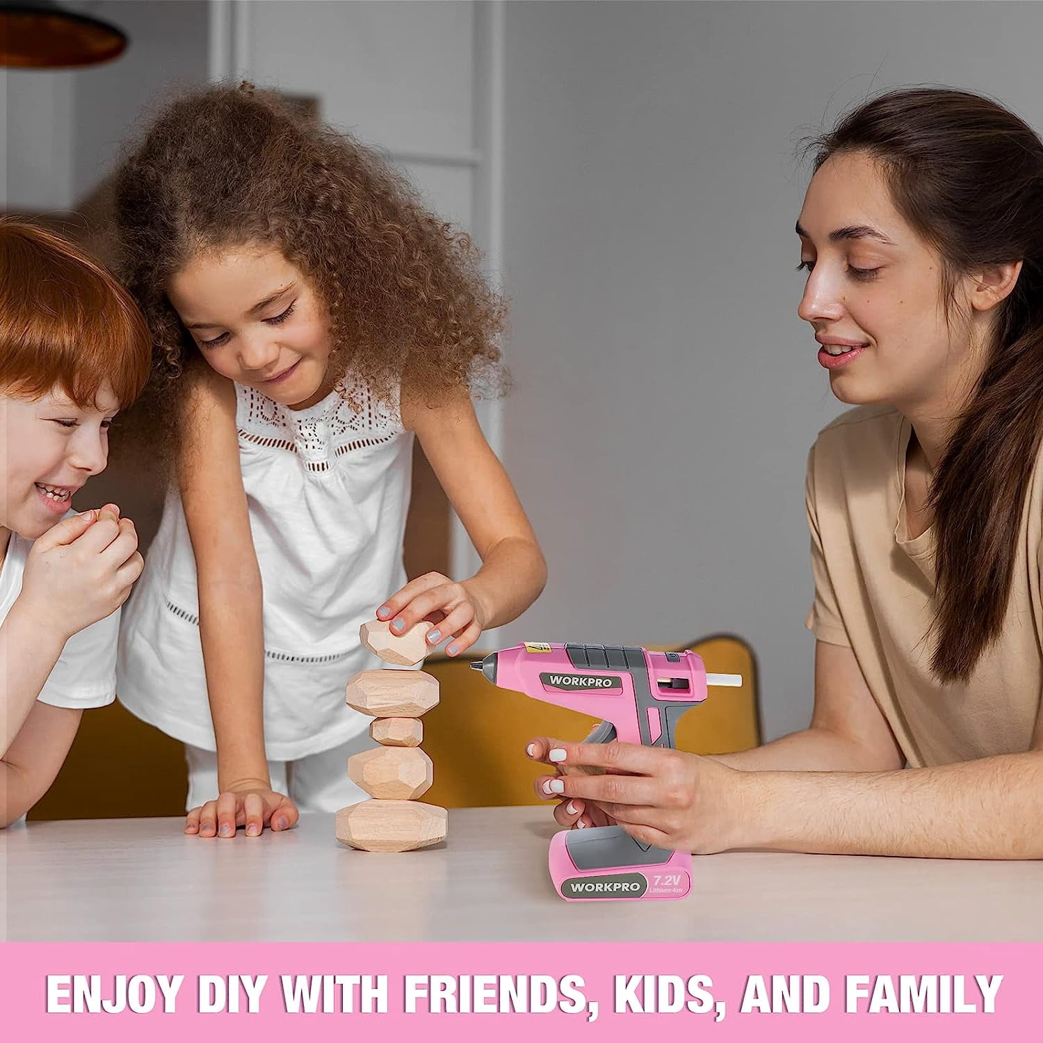 WORKPRO Pink Cordless Hot Melt Glue Gun, 7.2V Rechargeable Fast Preheating Glue Gun Kit with 20 Pc Premium Mini Glue Stick, Automatic-Power-Off Hot Glue Gun for Art, Craft, Decoration - Pink Ribbon