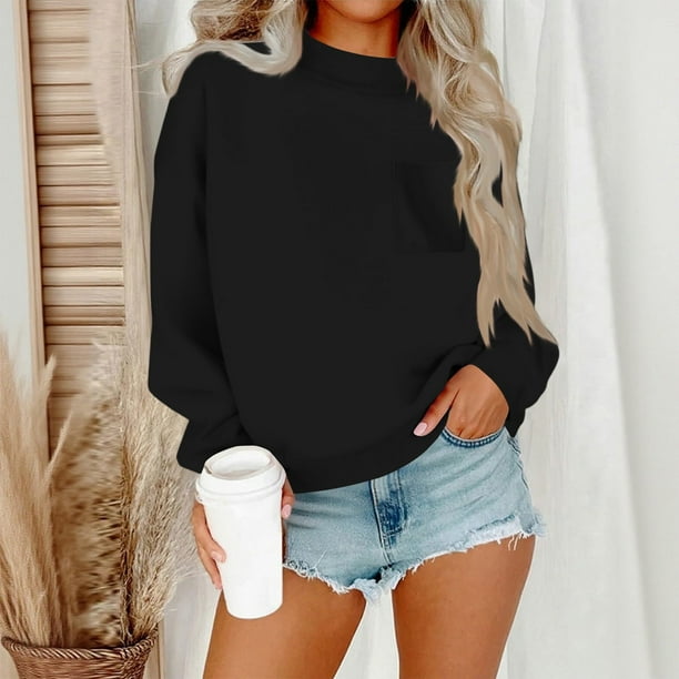 HongQid Women's Long Sleeve Crewneck Sweatshirt Casual Solid Color Pullover Cropped Tops