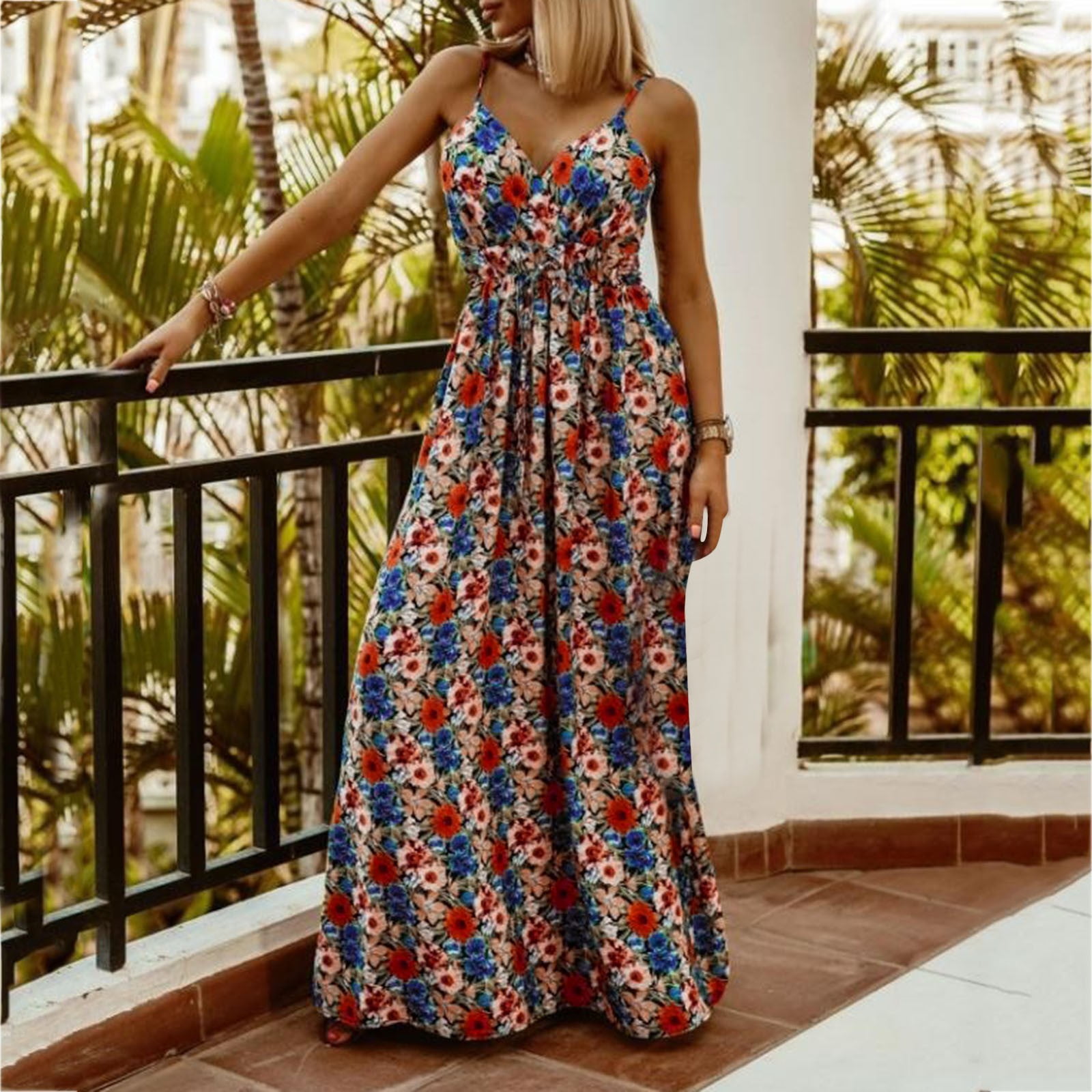 Sayhi Dresses For 2023 Casual V Neck Sleeveless Spaghetti Strap Boho Floral Print Maxi Dress Summer Spring Blue Xxl Walmart.com