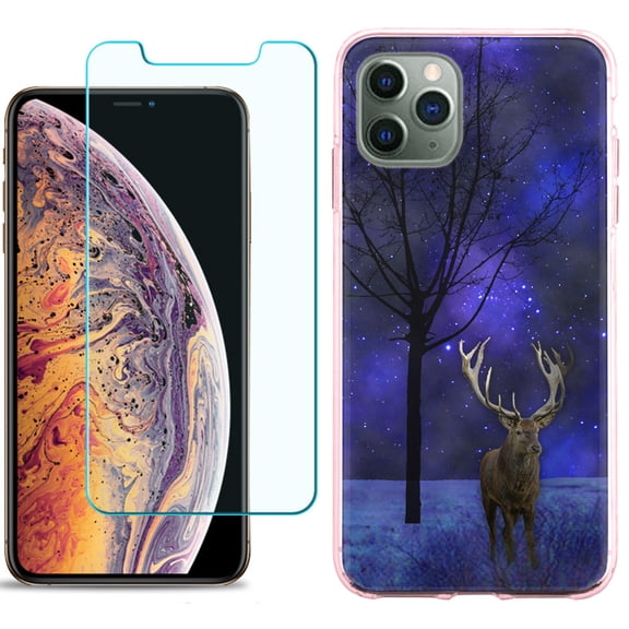 For Apple iPhone 11 Pro Case , Slim-Fit TPU Protective Phone Case with Tempered Glass Screen Protector, by OneToughShield ® - Midnight Deer