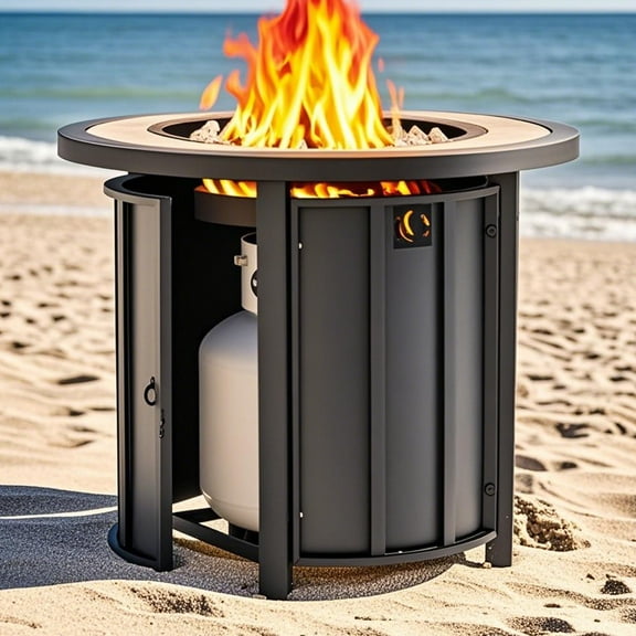 30" Round 50000 BTU Propane Gas Fire Pit Table with Glass Beads, Metal Lid and Protective Cover, Mosaics Tabletop