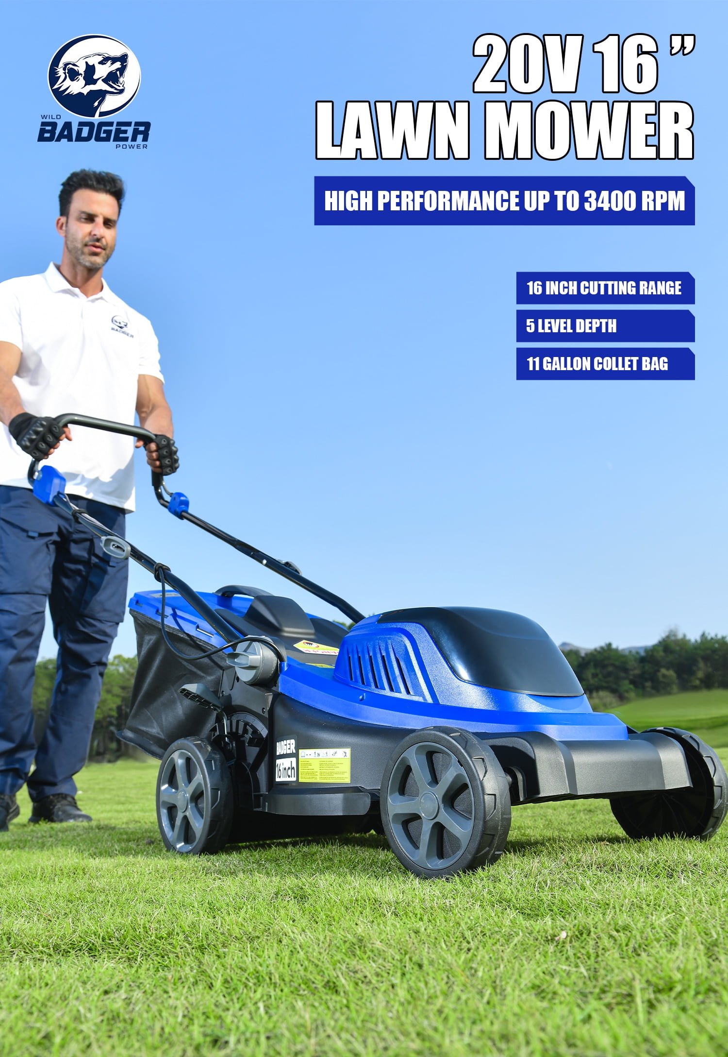 Wild Badger Power 40V 16″ Cordless Lawn Mower Brushless, 1,900 sq ft/0.044 ac,1×4.0Ah Battery & Fast Charger,  5-Position Height,for Small Residential Lawns