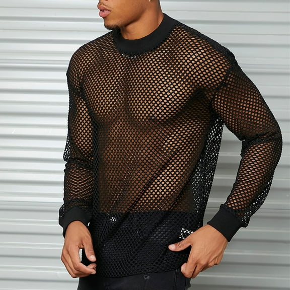 Aueoeo Men's Mesh Fishnet Top Long Sleeve Sheer T Shirt Fitted Muscle Blouse Clubwear Fitness Breathable Hollow Out Bottom Shirt L