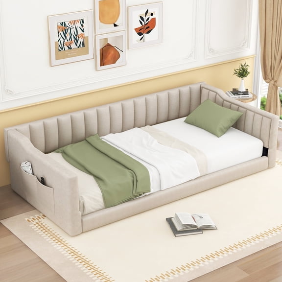 Newest Twin XL Size Upholstery Daybed and Side Storage pocket,Beige