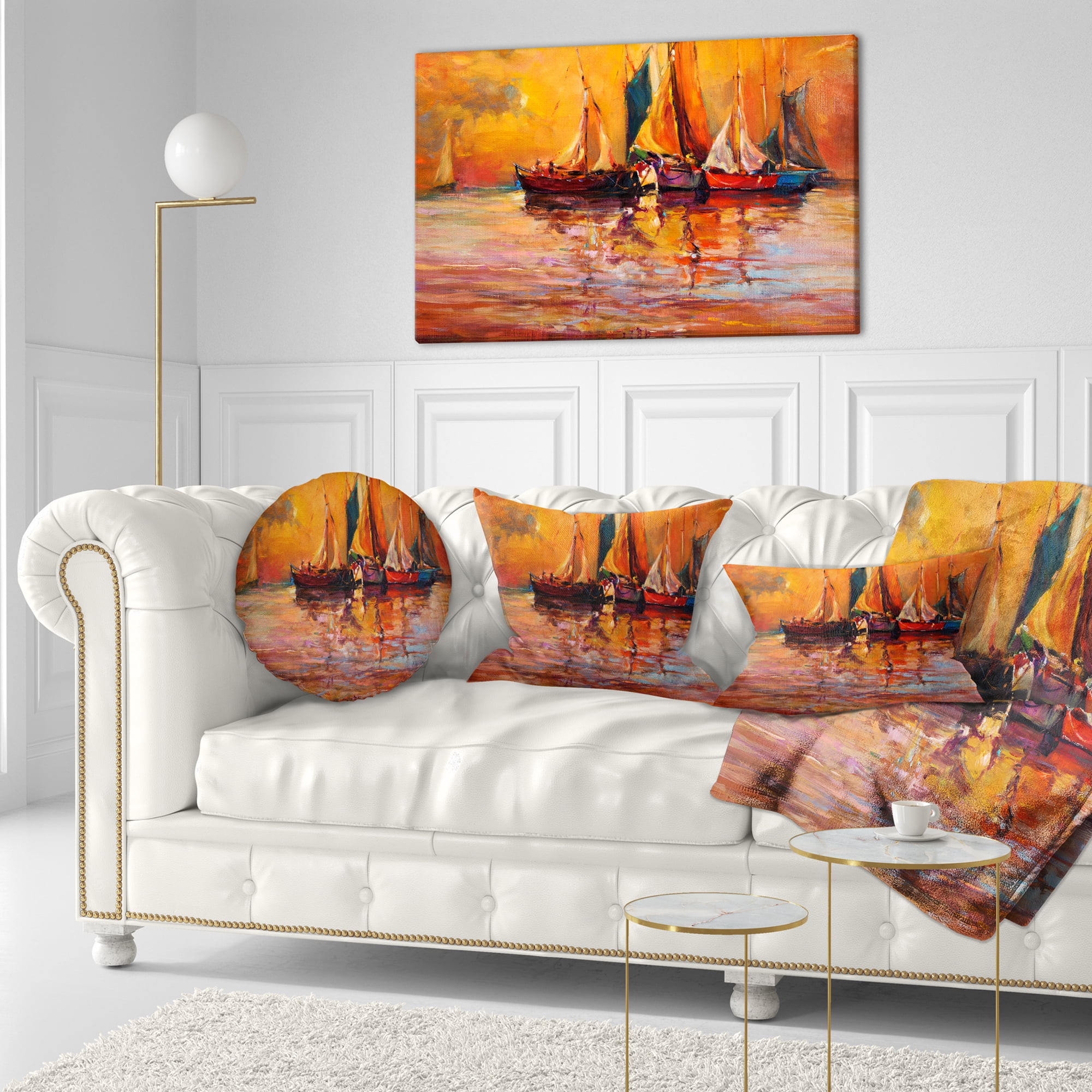 Designart Boats and Ocean in Red - Seascape Throw Pillow - 12x20