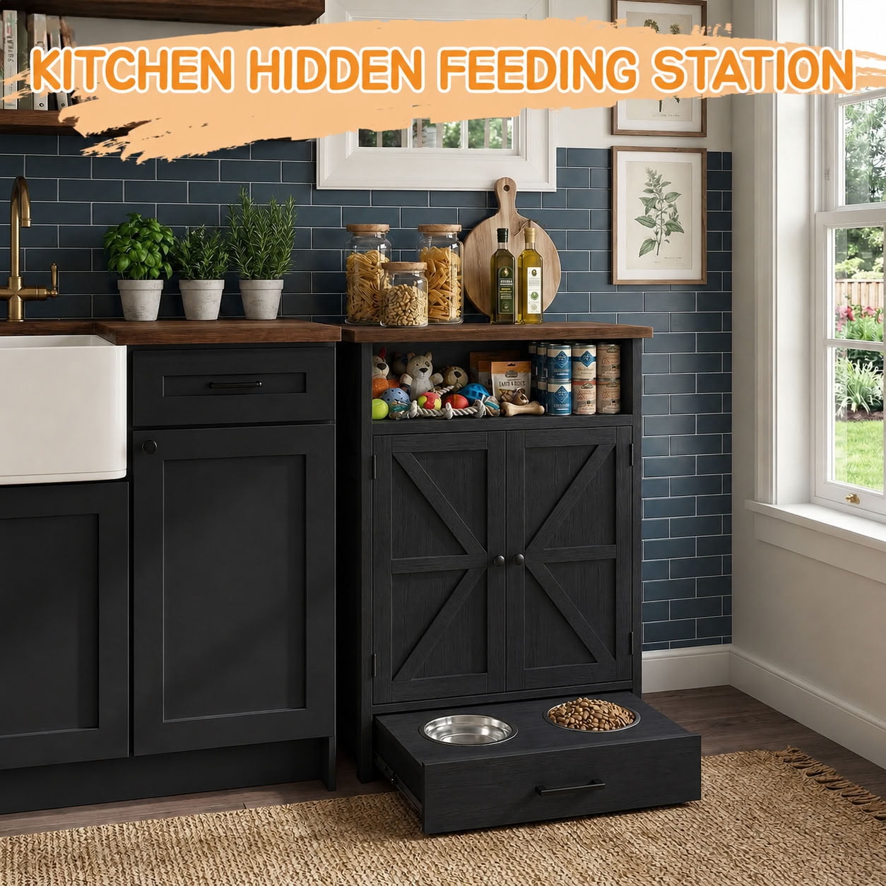 MAYEERTY Dog Feeding Station Cabinet with Elevated Bowls, Farmhouse Pet Feeder Station with Hidden Pull-Out Drawer, for Pet Supplies