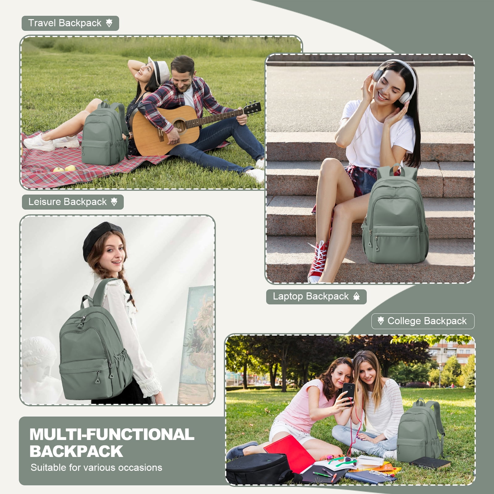 SYCNB Backpack for School Students, Waterproof Lightweight High School Bags Travel Daypack Book Bags Simple Cute College Backpack Rucksack for Women Men Bookbag Laptop Backpacks, Green