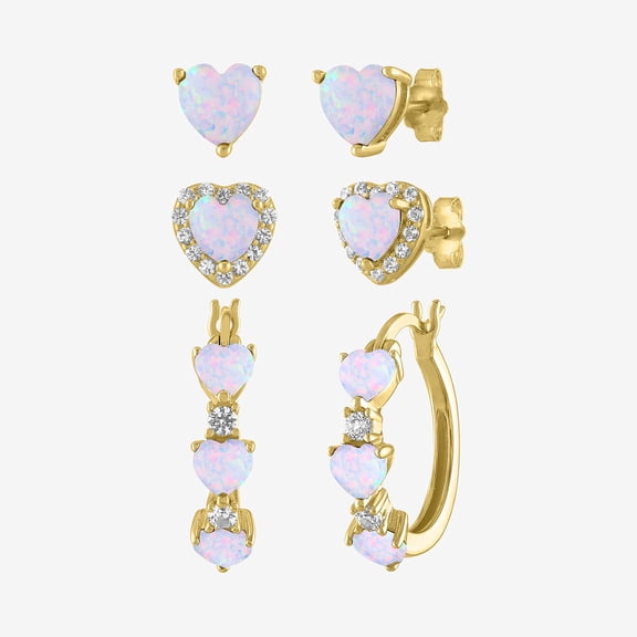 Womens Created Opal 14K Gold Over Silver Heart 3 Pair Jewelry Set