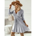 thumbnail image 3 of Sweater Dresses for Women 2025 A Line Pullover Sweater Dress Ribbed Knit Ruffle Pleated Sweaters with Belt Grey M, 3 of 6