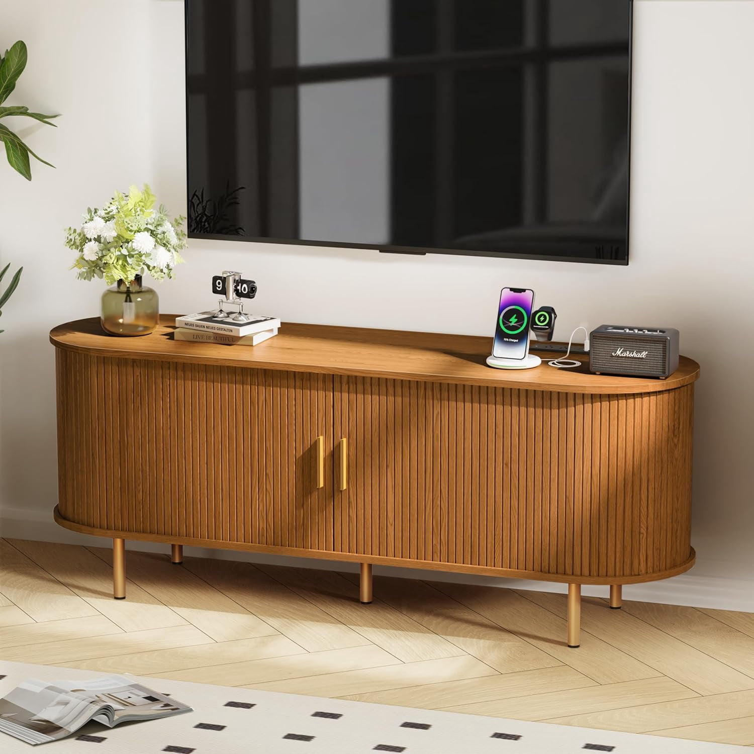 Mid Century Modern TV Stand with Power Outlet for TVs up to 60 Inch, Entertainment Center with Storage and Adjustable Shelves, Media Console with Sliding Doors for Living Room Bedroom (Yellow Walnut)