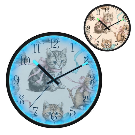 Voice Activated Clock with Glow Light 12 Inch Large Silent Wall Clock Battery Operated for Home Decor Cat and Ribbon Pattern