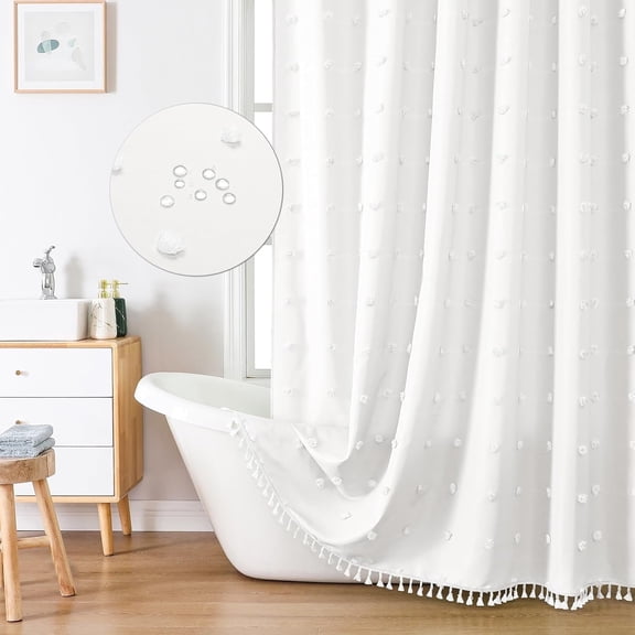 Boho Farmhouse Fabric Shower Curtain, Tufted Pleat Floral Puffs Textured with Tassel Bathroom Curtain, Minimalist Cute Rustic Vintage Cloth Bath Decor with Hooks, 72x72, White