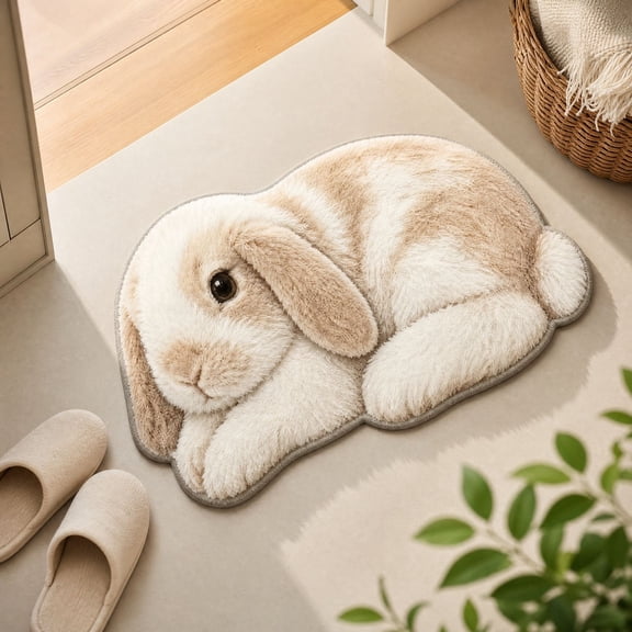 Cute Rabbit Shaped Area Rug, Lifelike Bunny Floor Mat, Soft Plush Non-Slip Decorative Doormat for Bedroom Living Room Nursery Home Decor, Cozy Animal Rug 23.6"x15.7"