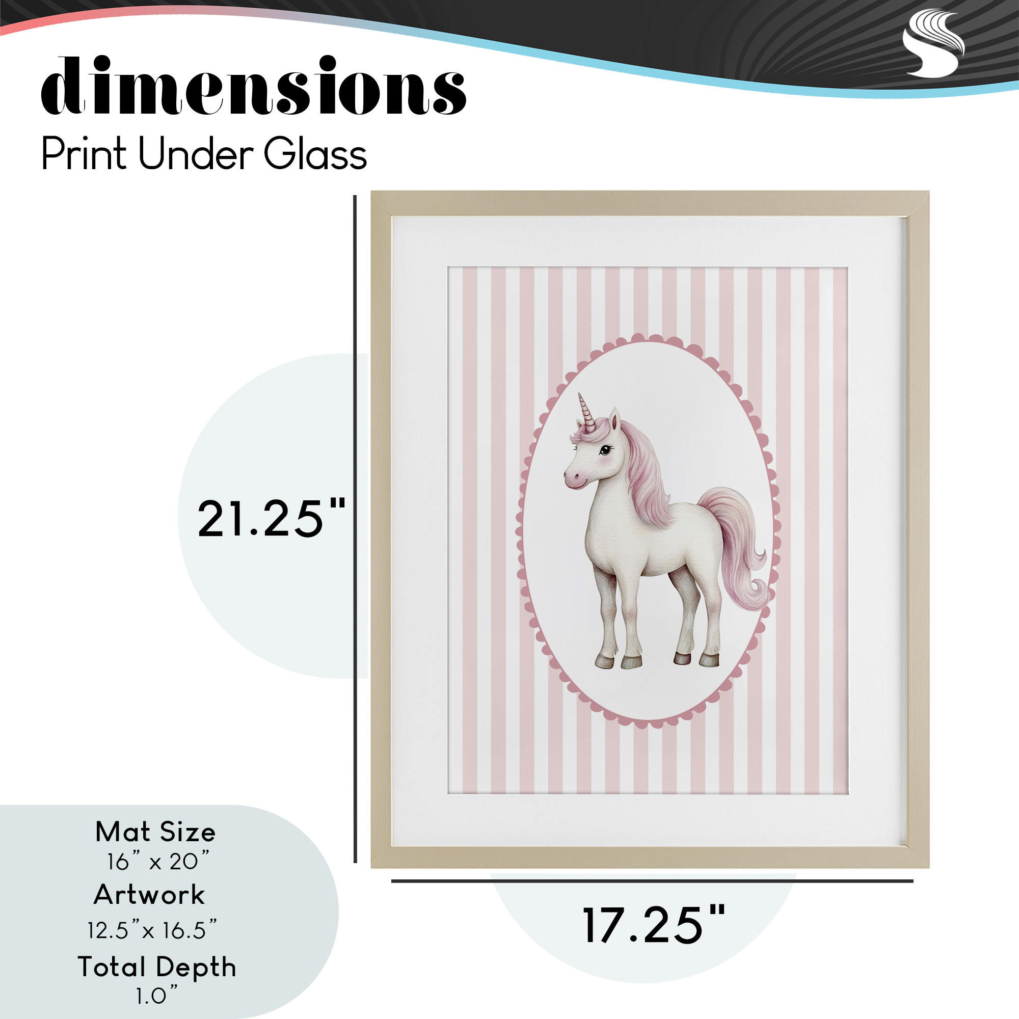 Gentle Unicorn on Pink Stripes Birch Framed Print Under Glass, design by Christine Simpson Art