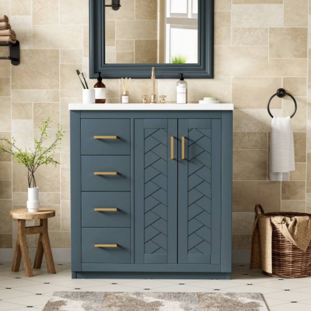 30" Bathroom Vanity with Sink, Freestanding Bathroom Vanity Cabinet with Ceramic Sink, Solid Wood Frame, 3 Drawers & Soft Close Doors, Modern Storage Cabinet, Blue