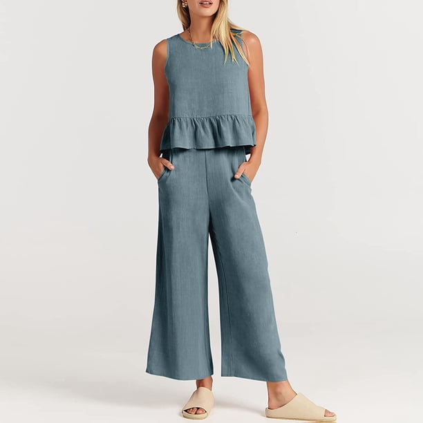 Conjunto de pantalones largos para mujer Conjunto de pantalones de 2 piezas de algodón con cuello redondo Conjunto de diario plisado