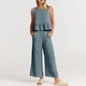 thumbnail image 1 of Conjunto de pantalones largos para mujer Conjunto de pantalones de 2 piezas de algodón con cuello redondo Conjunto de diario plisado, 1 of 7
