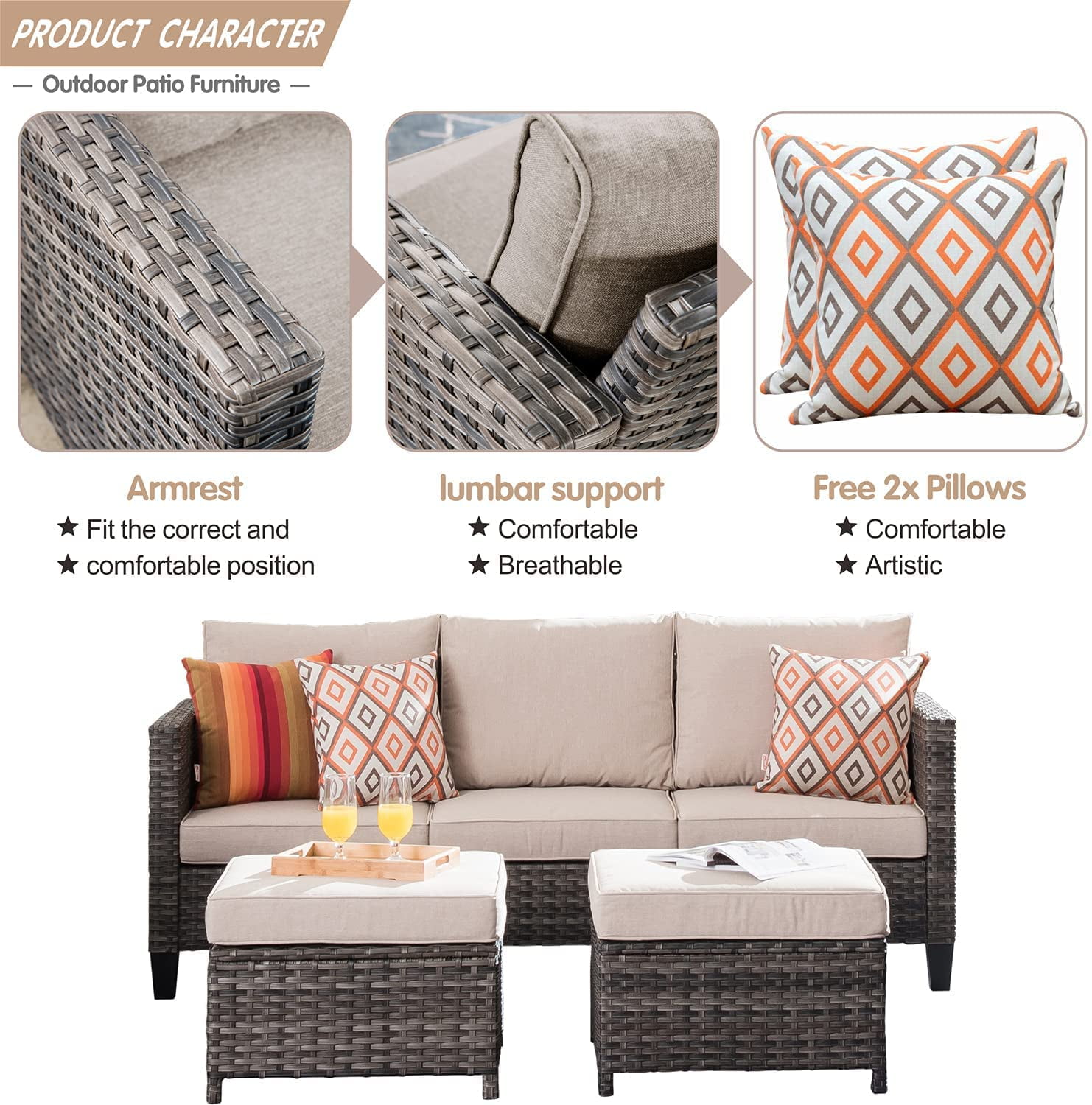 Ovios 3-Piece Outdoor Furniture Set All-Weather Wicker Patio Sofa with Cushions for Conversations