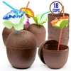 Prextex 18 Pack Coconut Cups for Hawaiian Luau Kids Party with Hibiscus Flower Straws - Tiki and Beach Theme Party Fun Drink or Decoration Cups (Improved Twist-Close Lids)