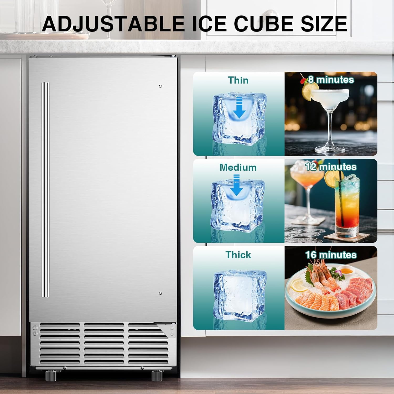 XUTUMM 15" Ice Maker, 85Lbs/24H Under Counter w/ 30Lbs Bin, Built-in/Freestanding, Auto-Clean, Stainless Steel