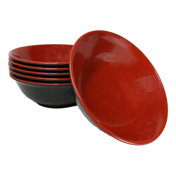 Set Of 6 Red And Black Round Medium Pasta Soup Salad Rice Melamine Bowls 9"D