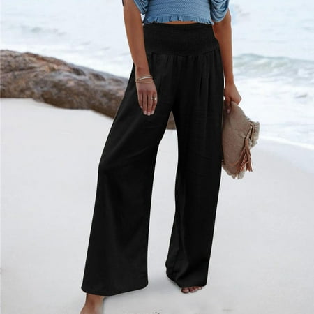 

〖TOTO〗Plus Capri Pants For Women High Waist Wide Leg Palazzo Lounge Pants For Women Smocked Elastic Waist Loose Comfy Casual Pajama Pants Pockets Palazzo Pants For Women