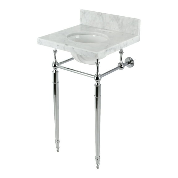 Kingston Brass KVPB1917M341ST Edwardian 19" Carrara Marble Console Sink with Brass Legs (4-Inch, 3-Hole), Carrara Marble White/Polished Chrome
