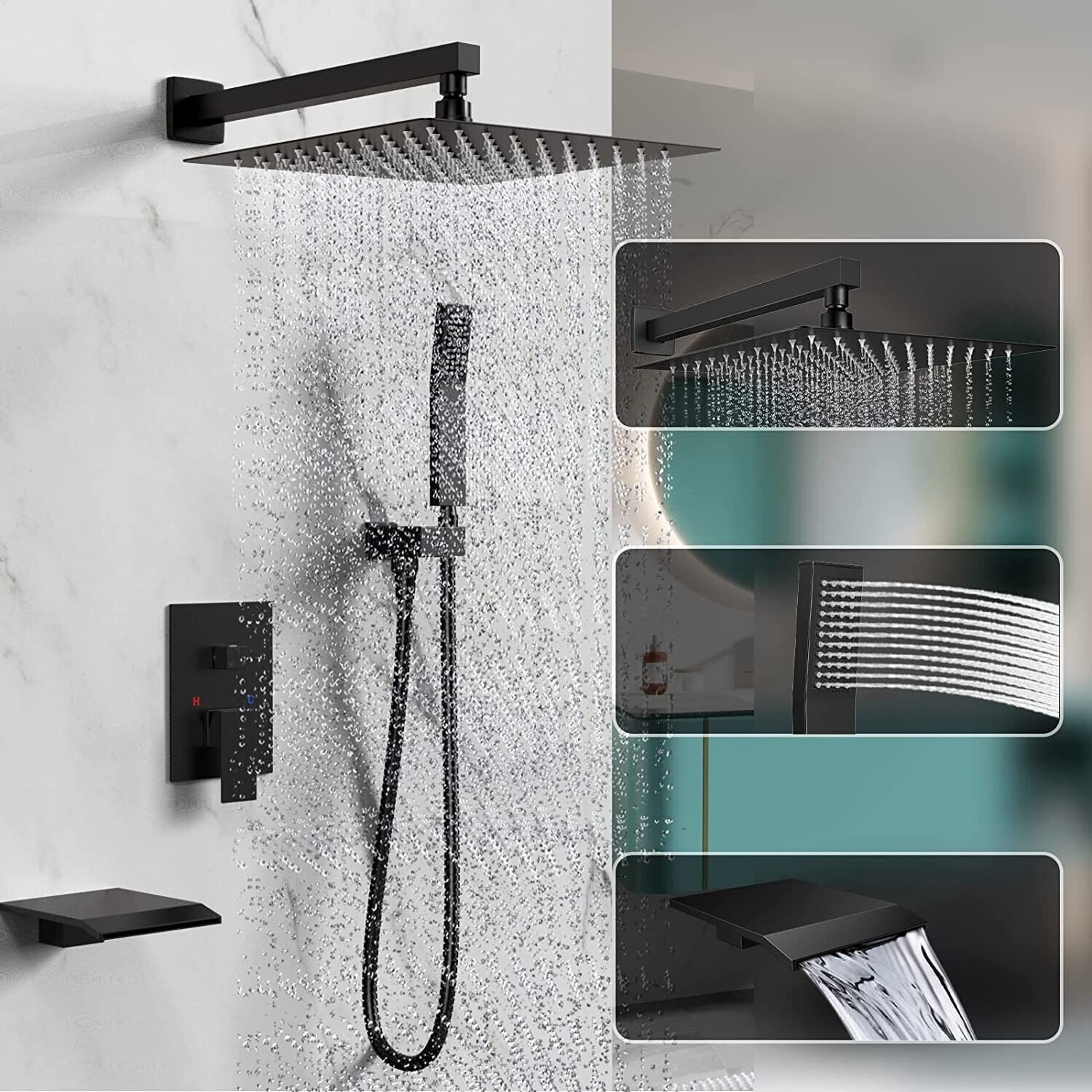 Black Shower Faucet Set Mixer Valve 12inch Rain Shower Head Combo System with Tub Spout