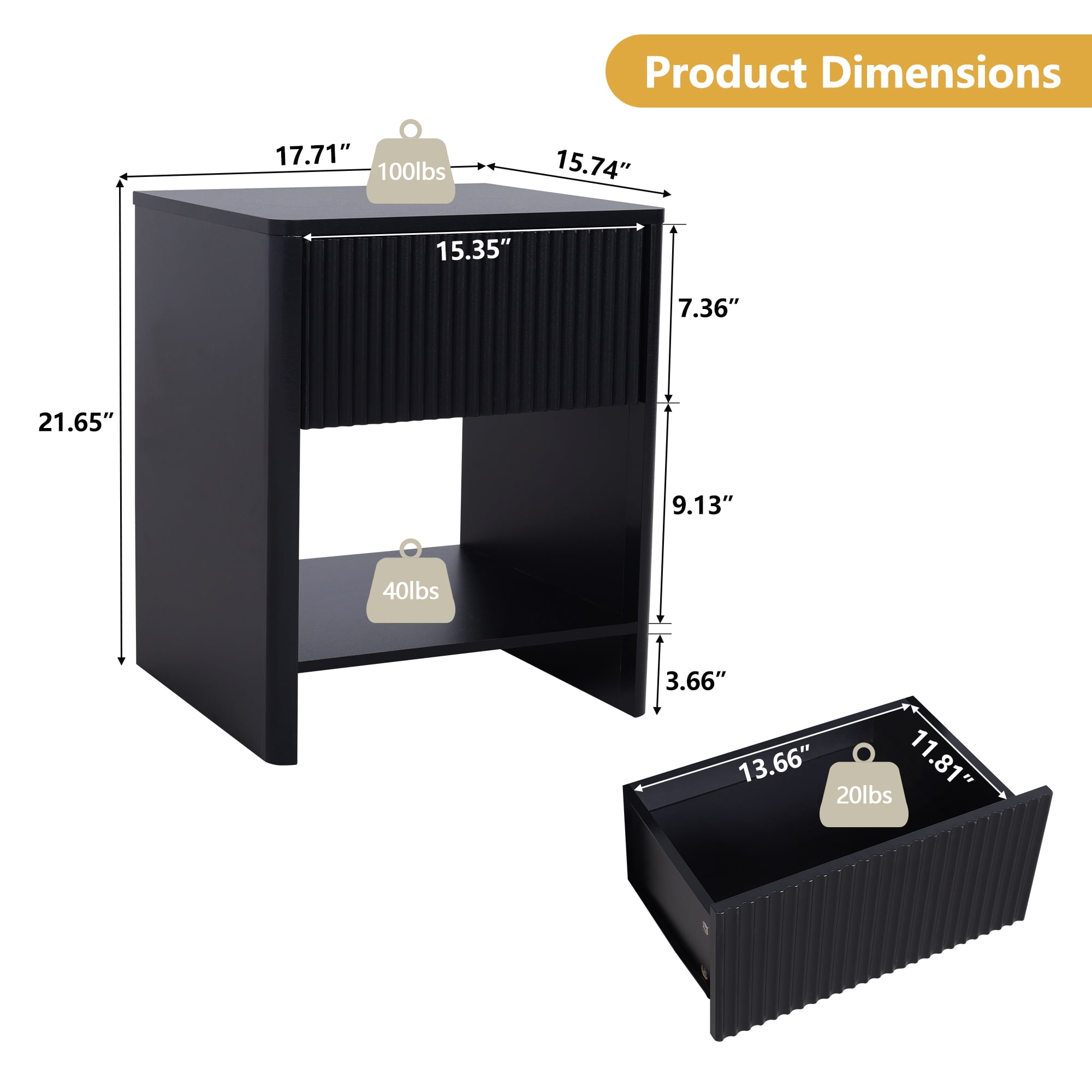 Weselon Modern Fluted Nightstand Set of 2, Curved Side Bedside Table with Drawer and Open Shelf for Bedroom, Black