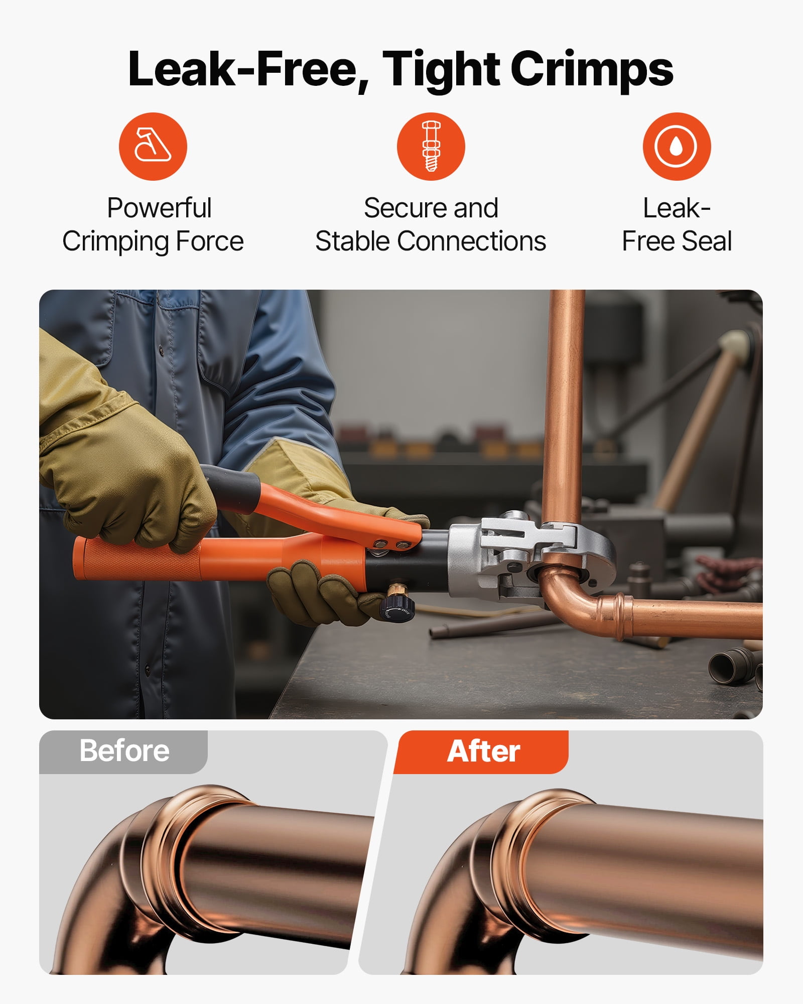 VEVOR Copper Pipe Crimping Tool, Hydraulic Driven Pro Press Tool with 1/2", 3/4", 1" Jaws for Copper Tube & 3/8", 1/2", 5/8", 3/4", 1" Jaws for ASTM F1807 PEX Pipe Copper Ring - with Carrying Case