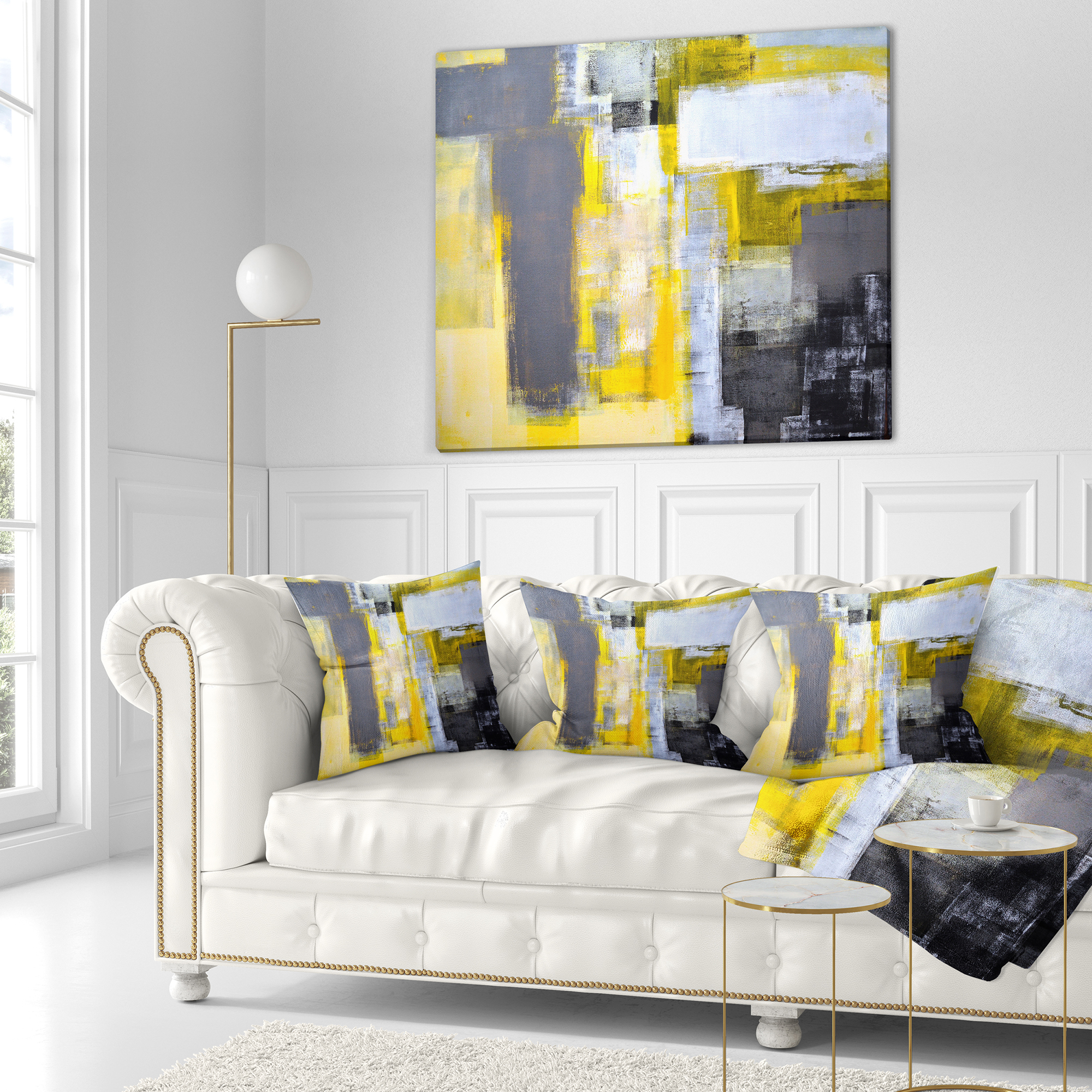 Designart Grey and Yellow Blur Abstract - Abstract Throw Pillow - 16x16