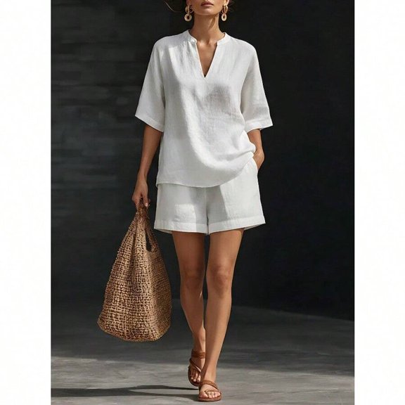 White Linen Cotton V-Neck Top And Shorts Two-Piece Set, Relaxed Fit Casual Co-Ord