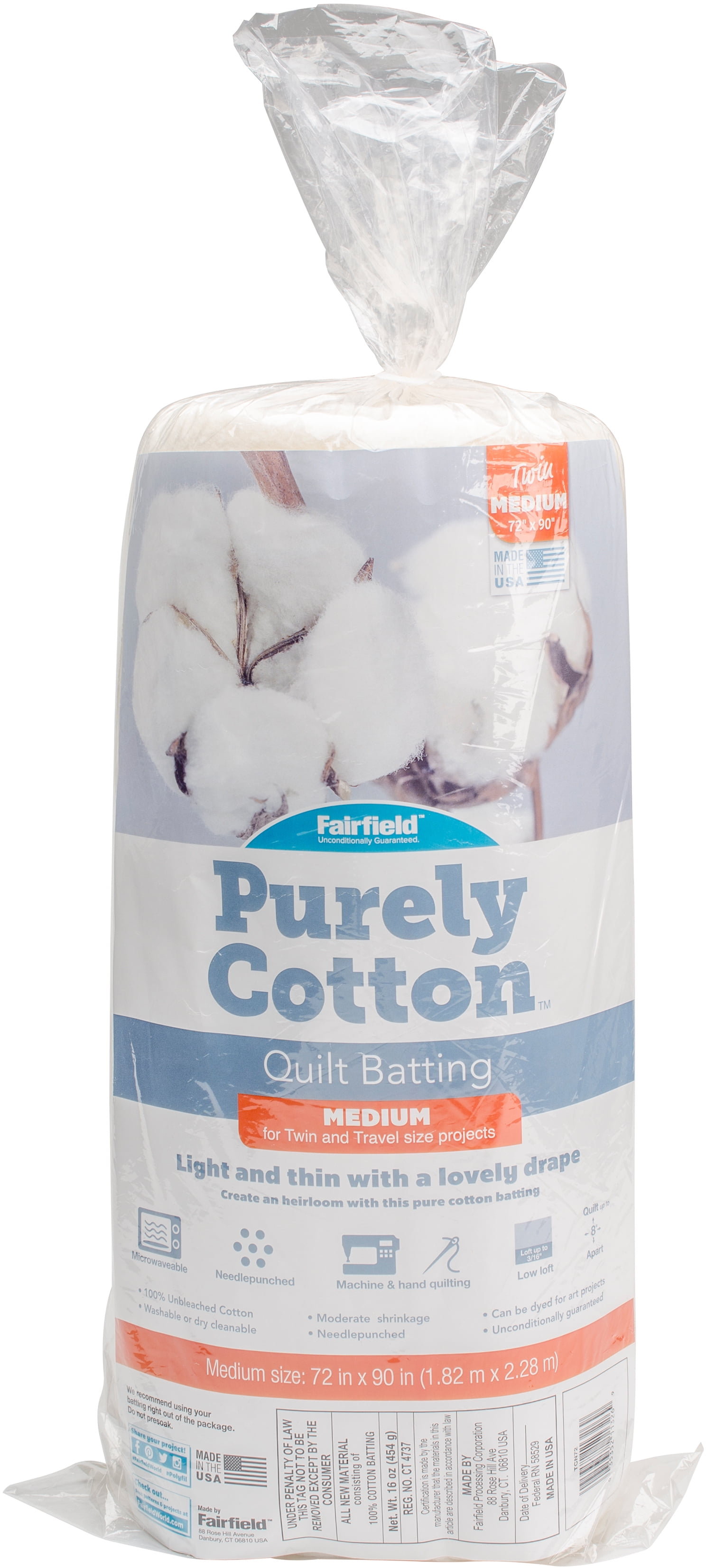 Fairfield Purely Cotton Natural 100 Cotton BattingTwin/Full Size 72
