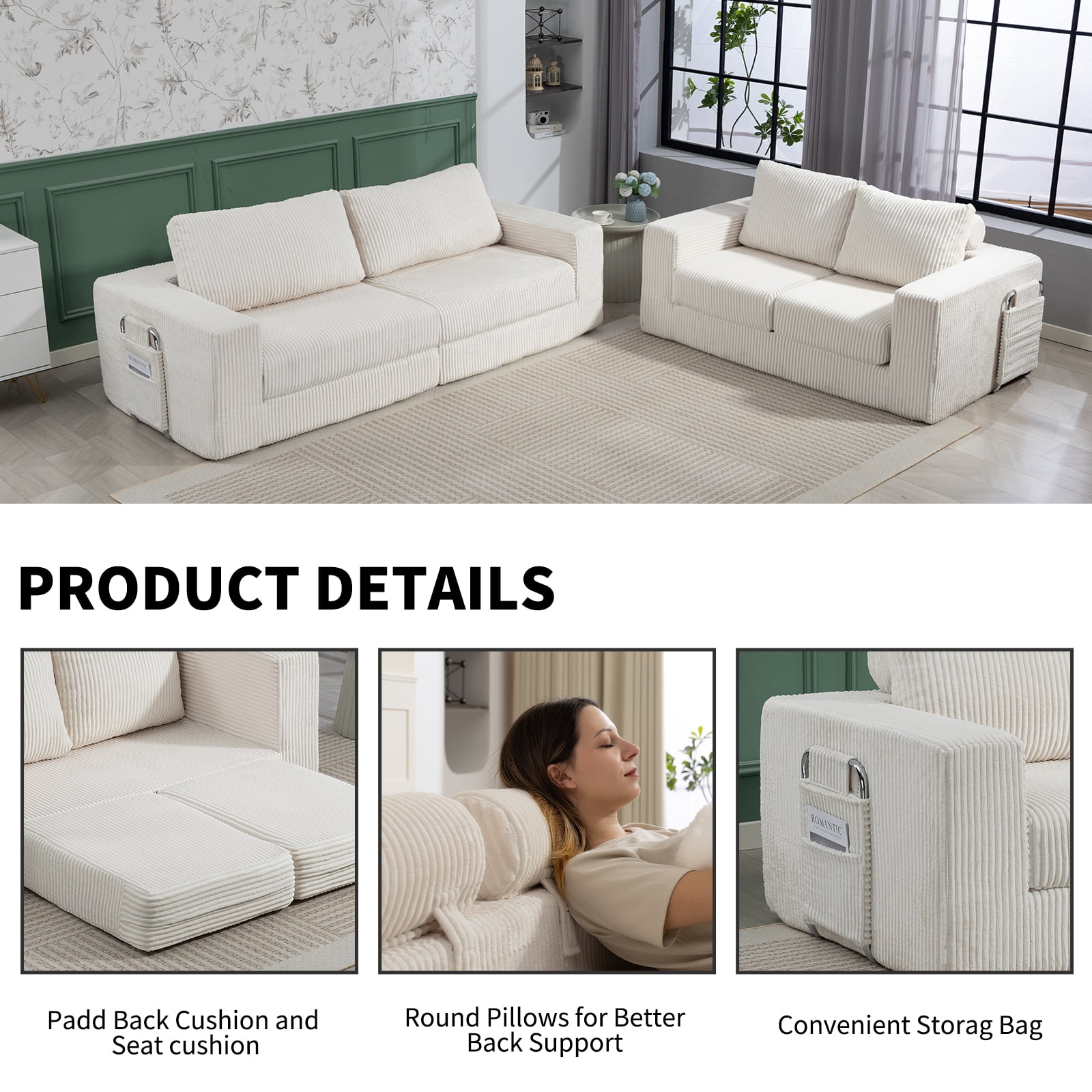 69 Inches Convertible Sofa Bed Boneless 2 Seats Loveseat Sleeper Sofa 2 Seater Small Couch 3-in-1 Folding Sofa Floor Sofa with Deep Seat No Assemble Required Beige