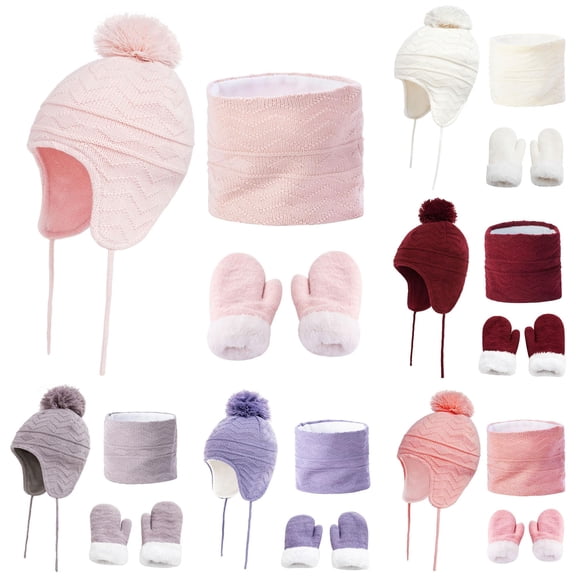 Oiyii Toddler Girls Fleece‑Lined Earflap Cap Solid Skiing Mittens Fall Winter Neck Gaiter, Pink