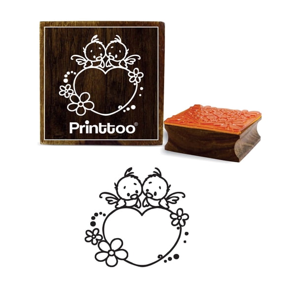 Printtoo Wooden Rubber Stamp Square Heart & Bird Pattern Card Making Craft Block-5 x 5 Inches