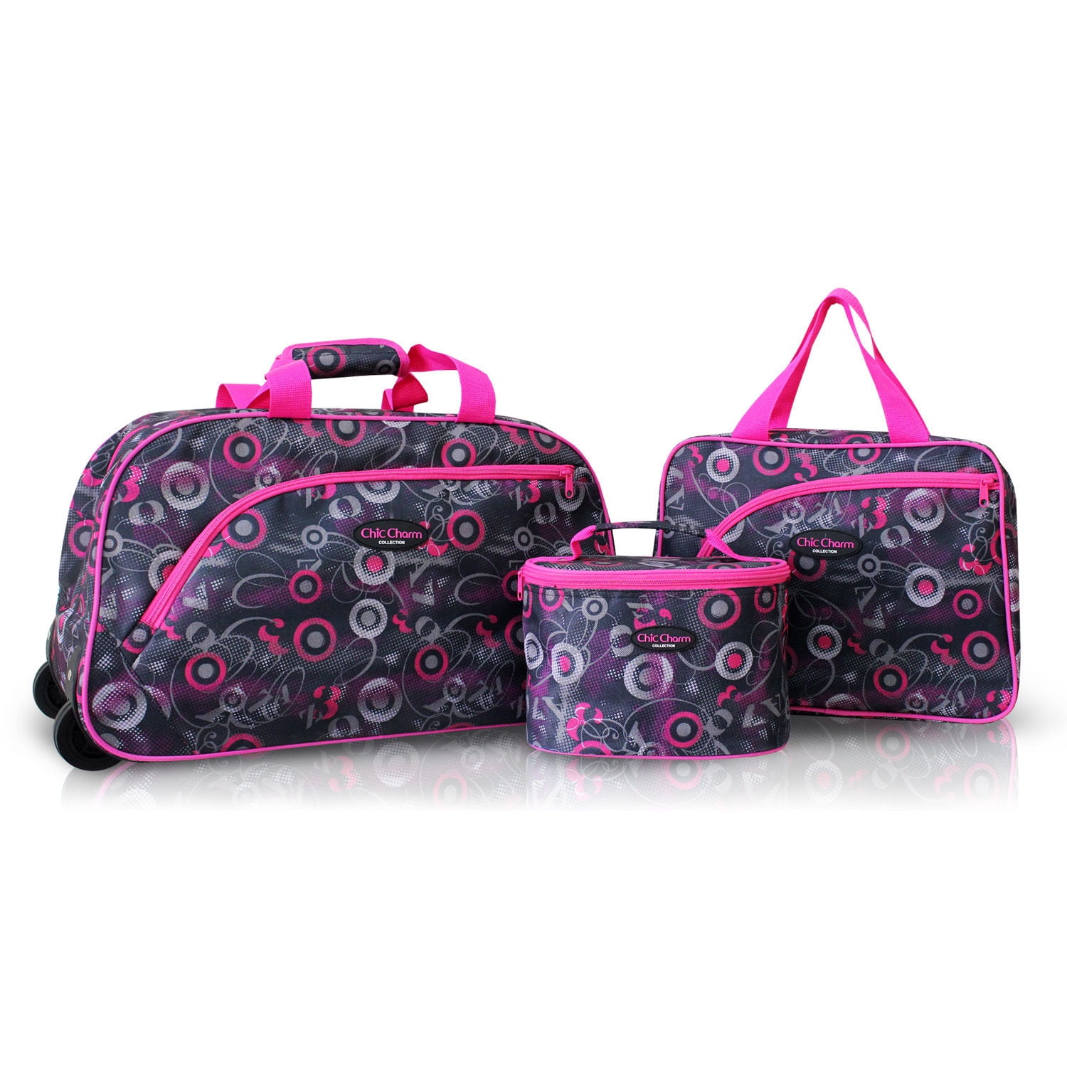 TrendyFlyer 3pc Duffel Tote Gym Bag Rolling Pink Circles by