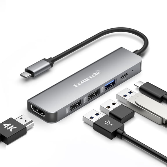 Lemorele TC101  5 IN 1 USB C Hub, 4K HDMI Adapter with 100W PD Charging, 3 USB Ports,Docking Station for MacBook, Dell, HP, Laptop, Aluminum Alloy Portable Dock