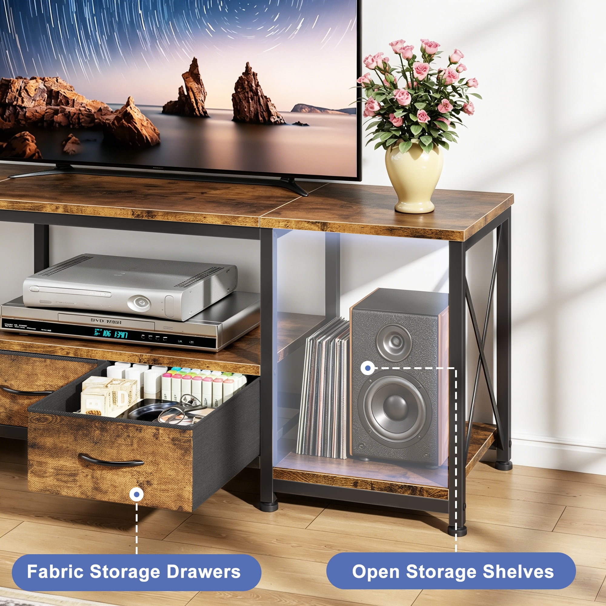 HIGDBFE TV Stand for TVs up to 55" with 2 Fabric Drawers, Industrial Entertainment Center with Open Shelves and Led Lights for Living Room Bedroom, Rustic Brown