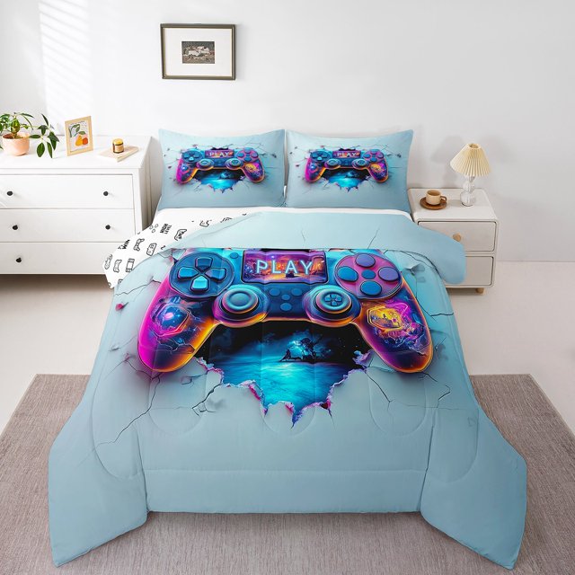 Erosebridal Video Gaming Bedding Sets Full with Comforter,Gradient Duvet Insert,Gamepads Decor,Reversible,3pcs