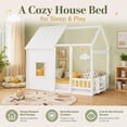 thumbnail image 3 of Miniyam Montessori Floor Bed with Roof and Guardrails, Kids House Bed Frame with LED Lights and Bookshelf, White, 3 of 8