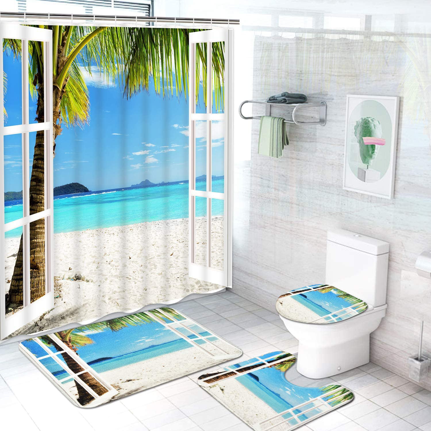 Bathroom Shower Curtain Beach Palm Tree Toilet Mat Rug with Hooks Waterproof 