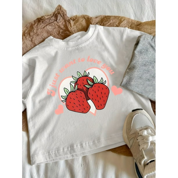 1pc Girls' Strawberry Print Crop Top T-Shirt - "Just a Girl Who Wants to Love You" Design, Pink & Gray, Stretchy Polyester Blend, Casual Summer Tee, Machine Washable, Casual Youngsters Wear | Strawbe