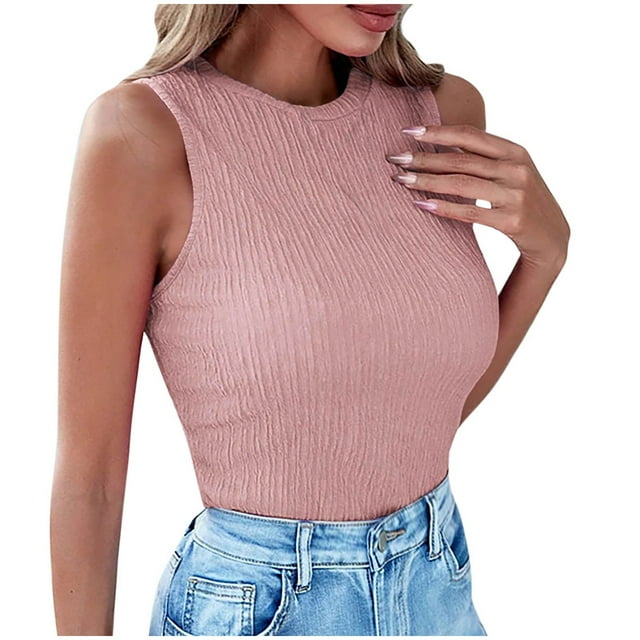 hotojiny Débardeurs d'Été Sans Manches pour Femmes Mode Ajustée Col Rond Basique Uni Doux Texturé T-Shirt de Plage Vacances Vêtements 2025